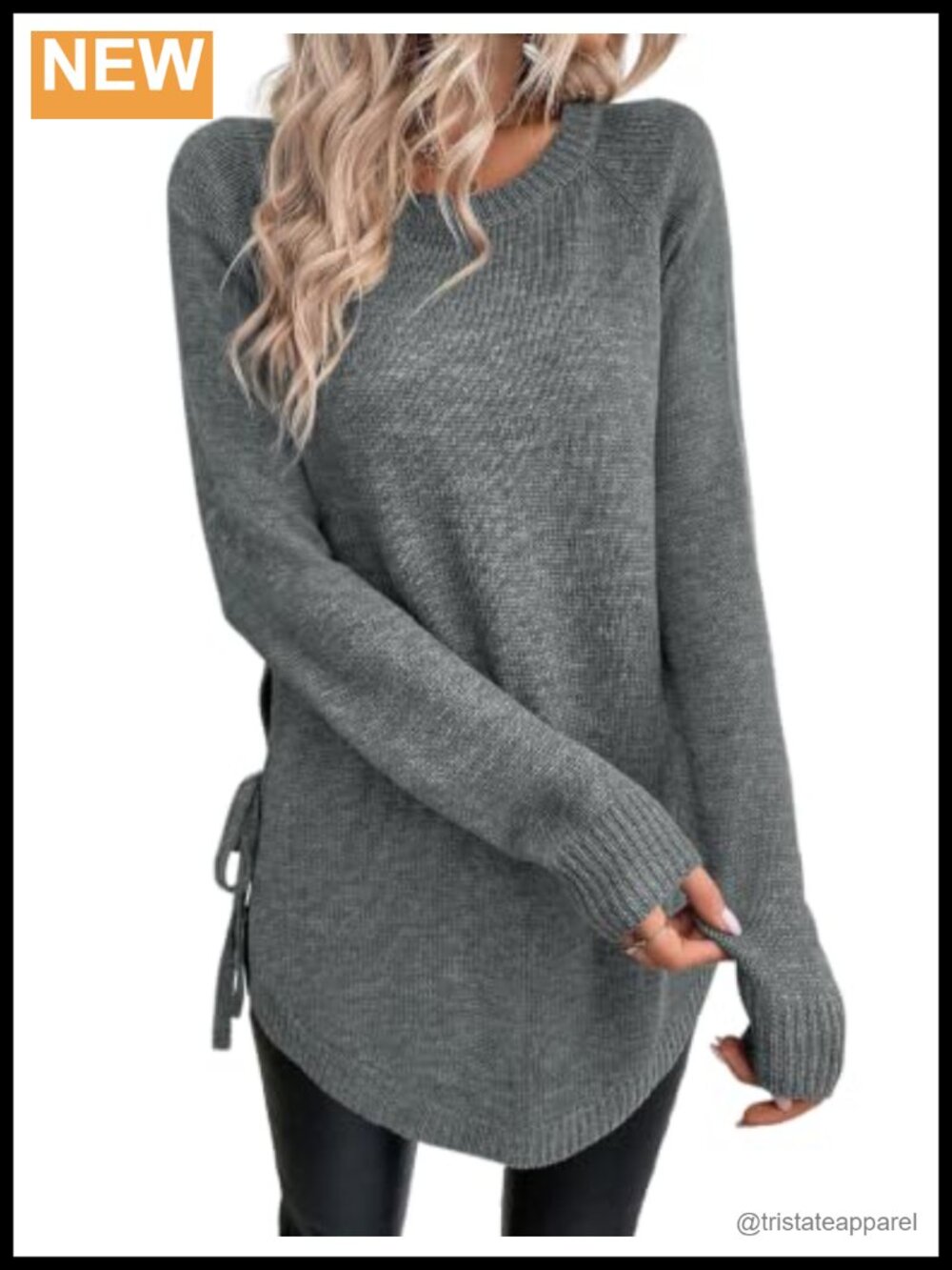 Women Side Tie Chunky Knit Tunic Sweater Crewneck Long Sleeve Relaxed Pullover